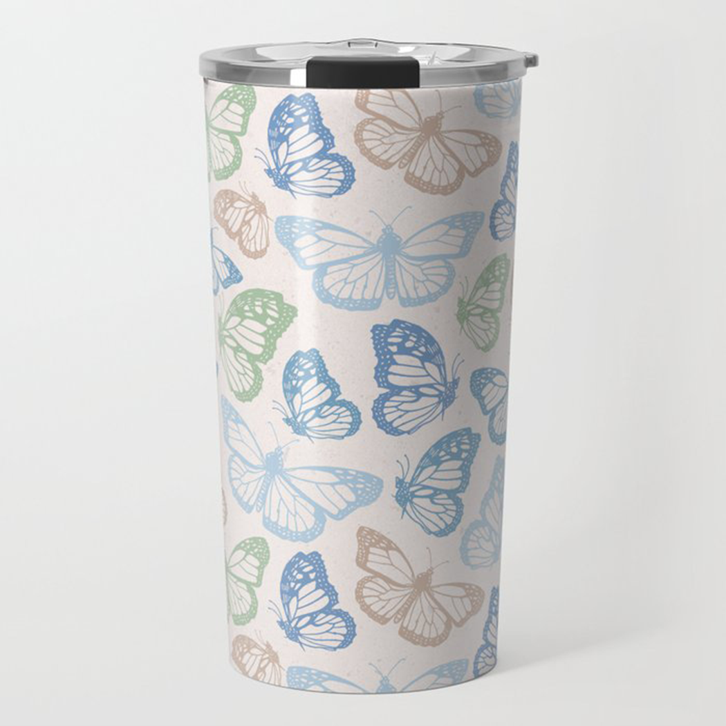 Blue Butterfly Travel Coffee Mug featuring a stunning blue butterfly design, made of lightweight stainless steel with a vacuum-sealed lid.