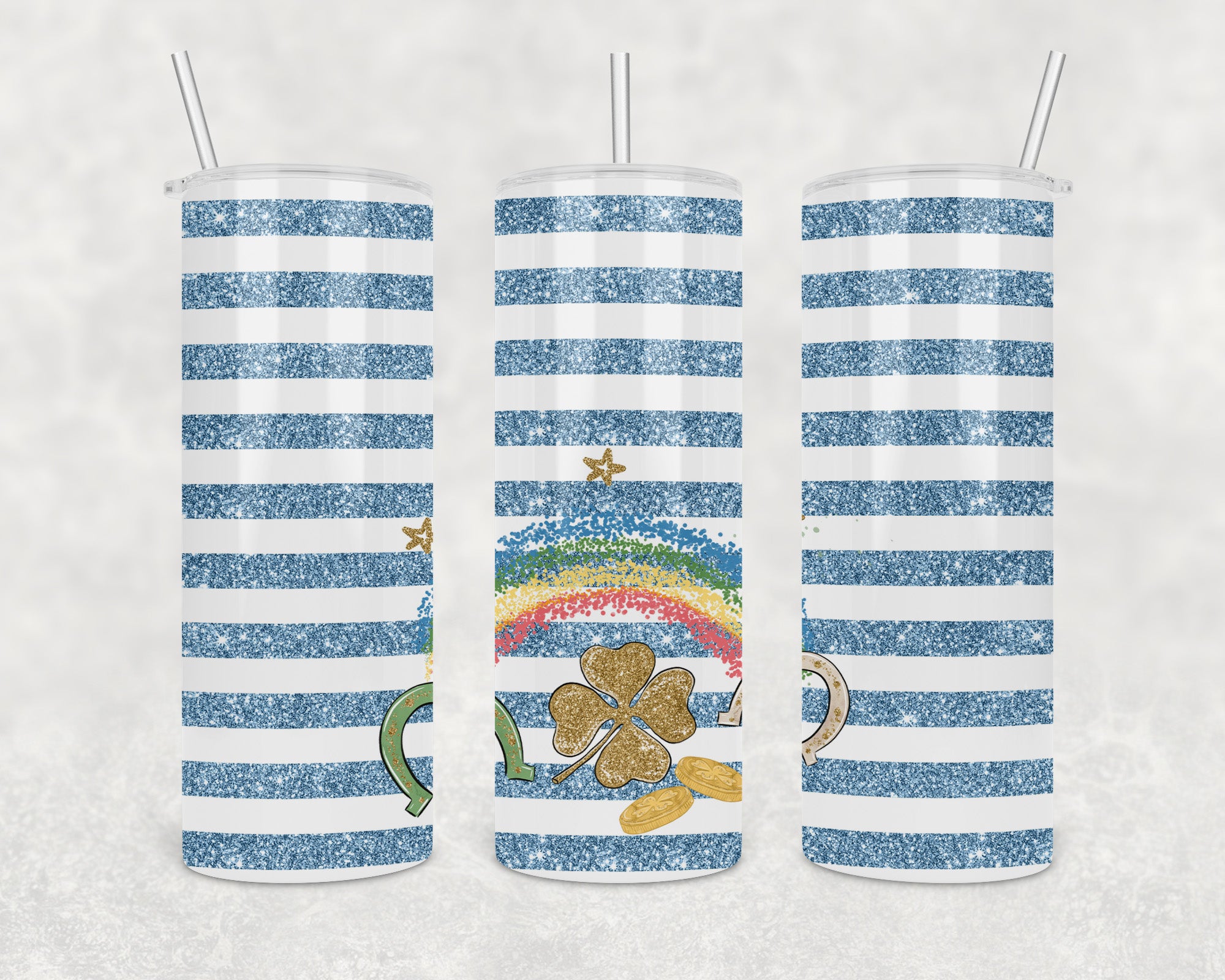 Blue Glitter Stripe Lucky 20oz Skinny Tumbler with stainless steel finish and clear lid.