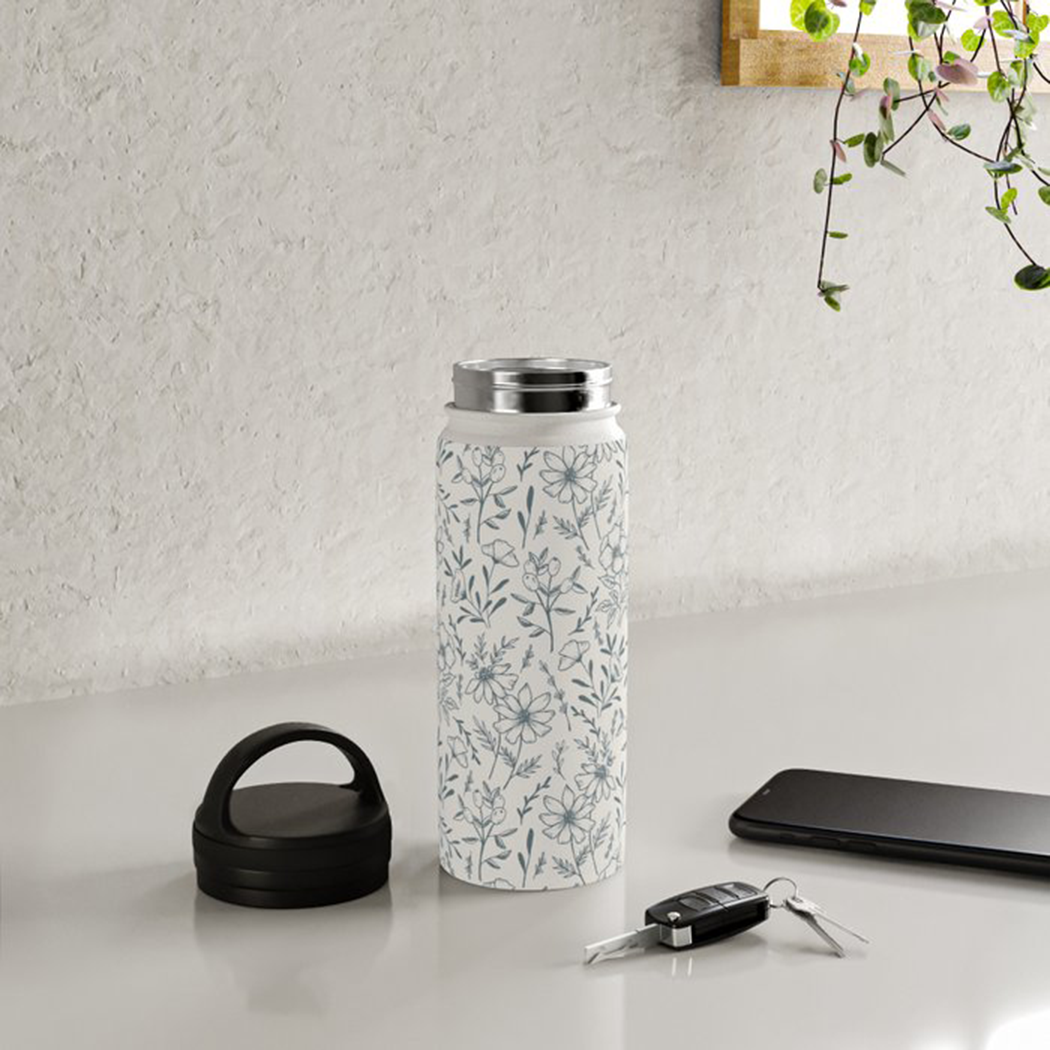 Blue Gray Flower Handle Lid Water Bottle with floral design, stainless steel body, and handle lid.