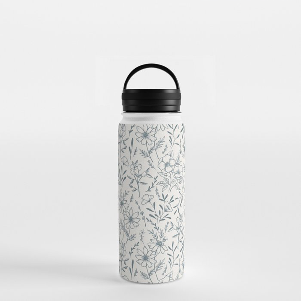 Blue Gray Flower Handle Lid Water Bottle with floral design, stainless steel body, and handle lid.