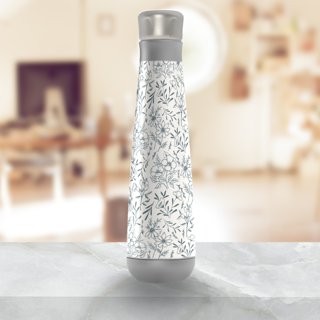 Blue Gray Flower Peristyle Water Bottle made of stainless steel with a floral design, featuring a screw-on lid and vacuum insulation.