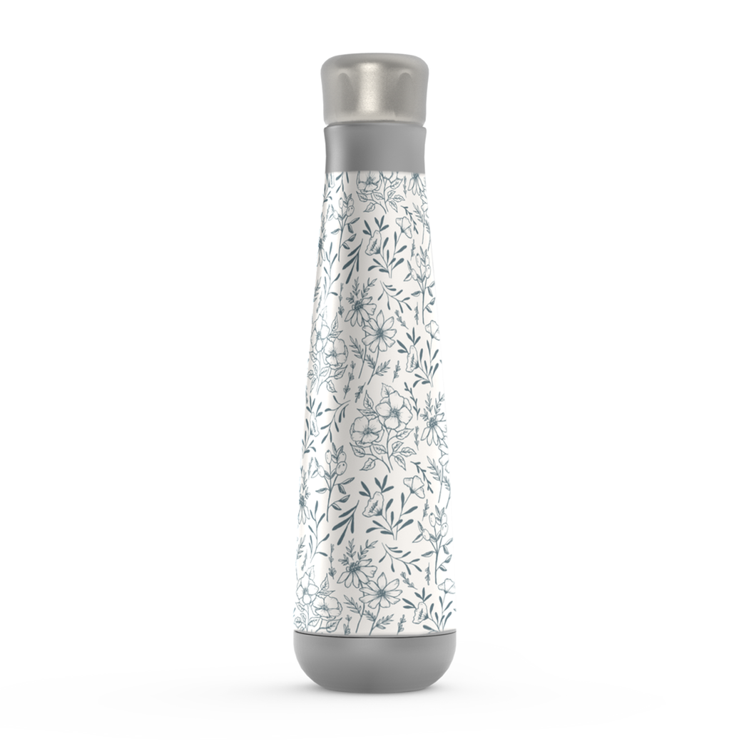 Blue Gray Flower Peristyle Water Bottle made of stainless steel with a floral design, featuring a screw-on lid and vacuum insulation.