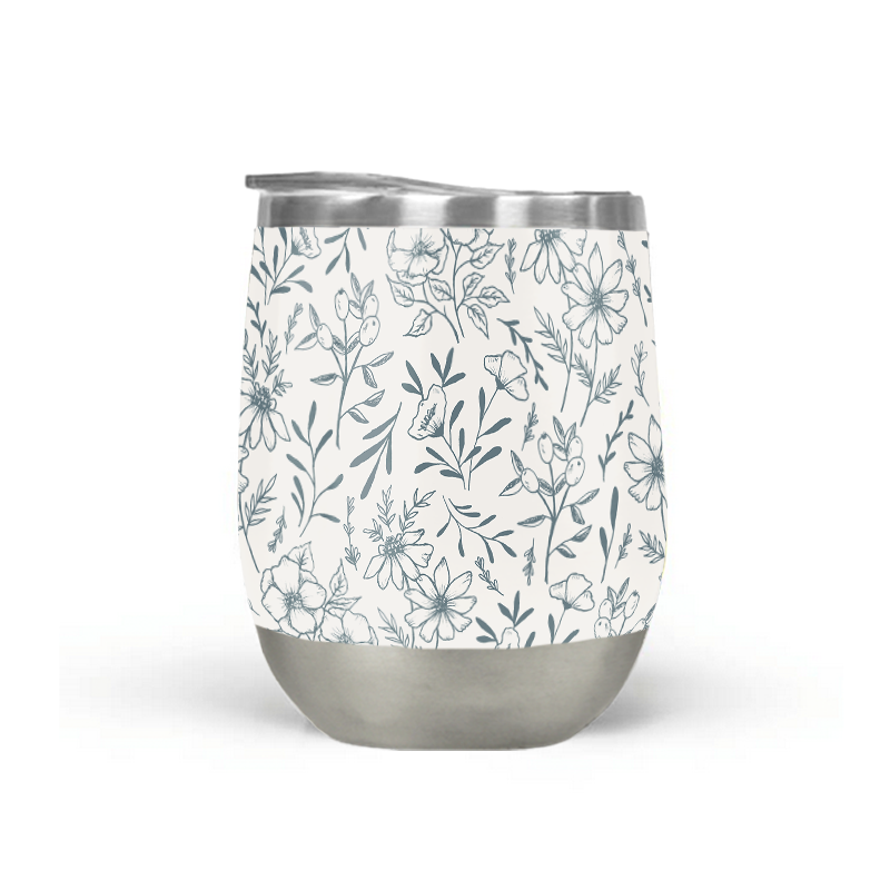 Blue Gray Flower Stemless Wine Tumbler with floral design, perfect for outdoor use.