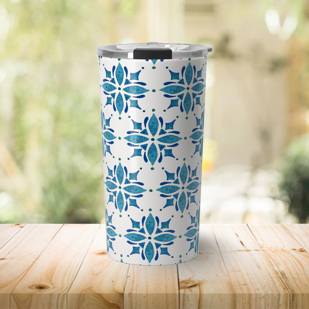 Blue Tile Travel Coffee Mug made of stainless steel with a stylish design, featuring double-wall insulation and a vacuum-sealed lid.