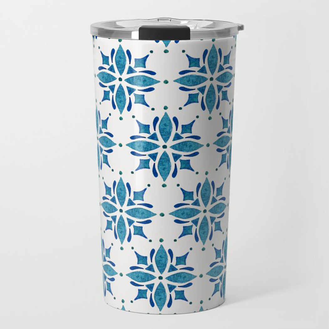 Blue Tile Travel Coffee Mug made of stainless steel with a stylish design, featuring double-wall insulation and a vacuum-sealed lid.