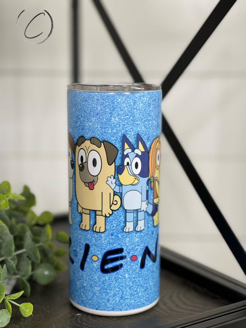 Bluey F*R*I*E*N*D*S 15oz Kids Skinny Tumbler featuring vibrant characters from the show, designed for durability and includes a straw.