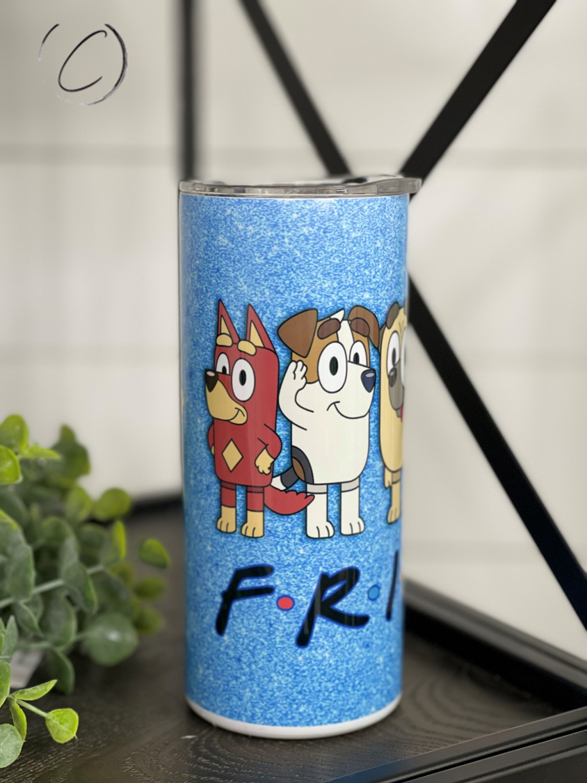 Bluey F*R*I*E*N*D*S 15oz Kids Skinny Tumbler featuring vibrant characters from the show, designed for durability and includes a straw.