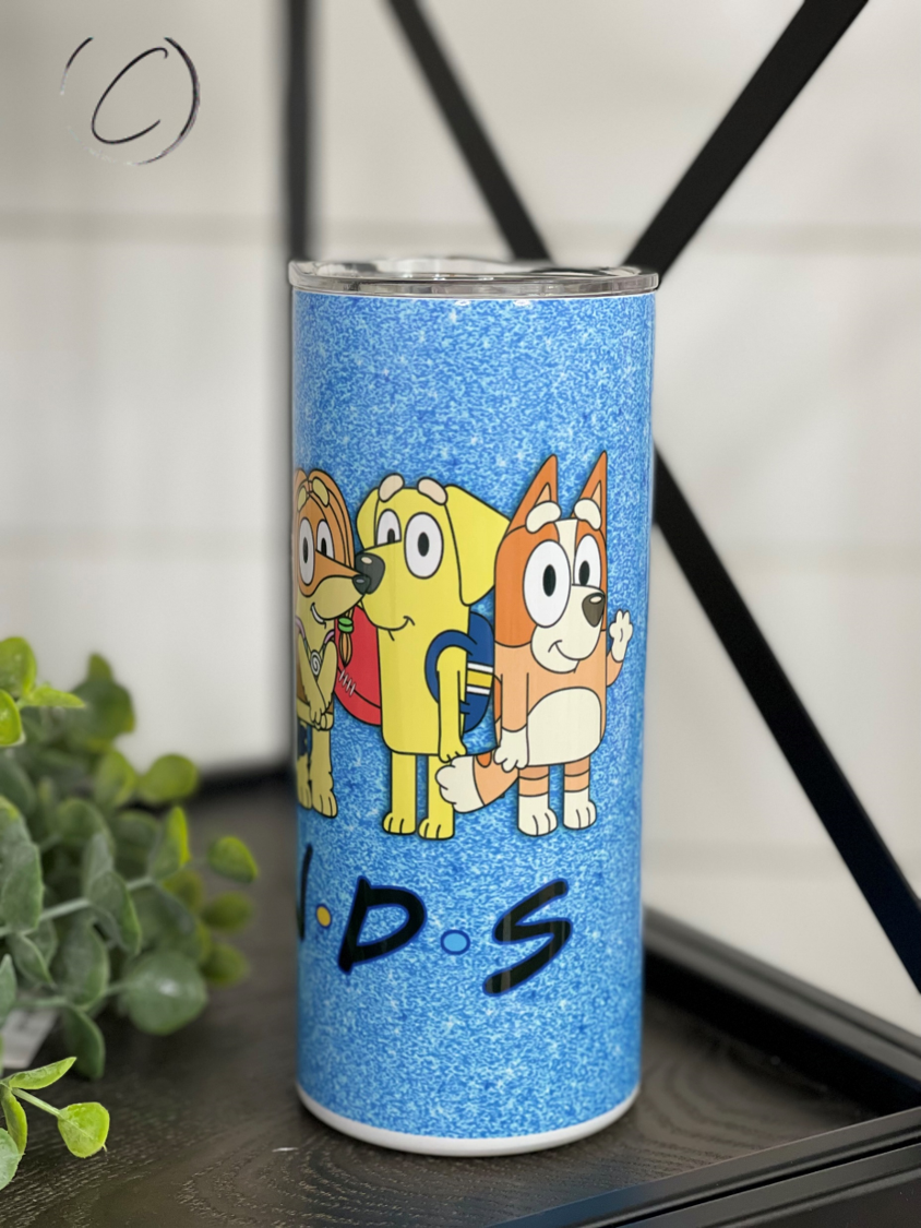 Bluey F*R*I*E*N*D*S 15oz Kids Skinny Tumbler featuring vibrant characters from the show, designed for durability and includes a straw.