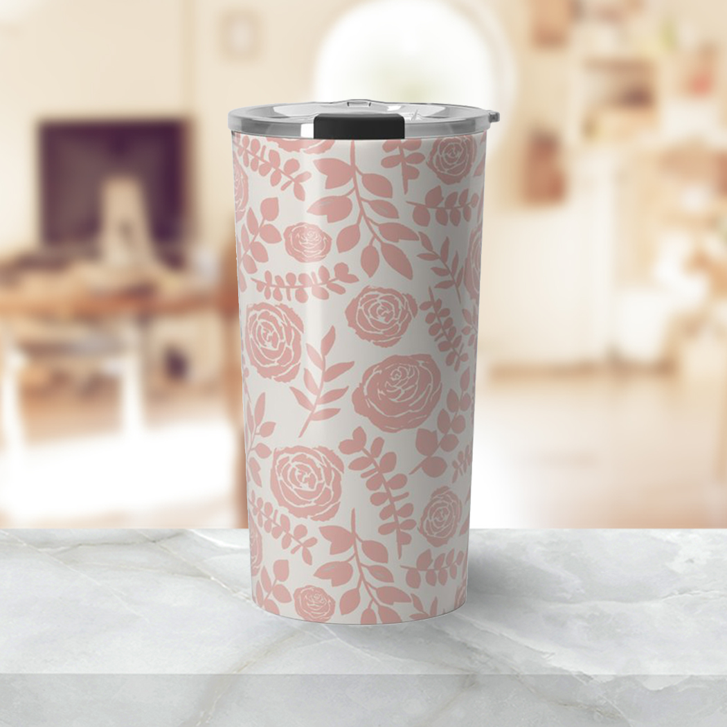 Blush Floral Travel Coffee Mug featuring a beautiful floral design, made of lightweight stainless steel with a vacuum-sealed lid.