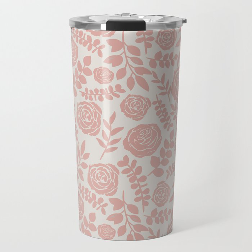 Blush Floral Travel Coffee Mug featuring a beautiful floral design, made of lightweight stainless steel with a vacuum-sealed lid.