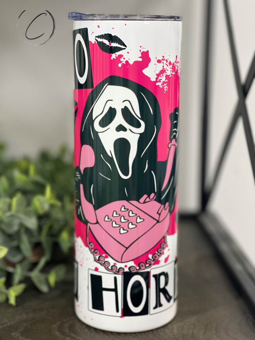 Boo You Horror 20oz Skinny Tumbler with spooky design, perfect for hot and cold drinks.