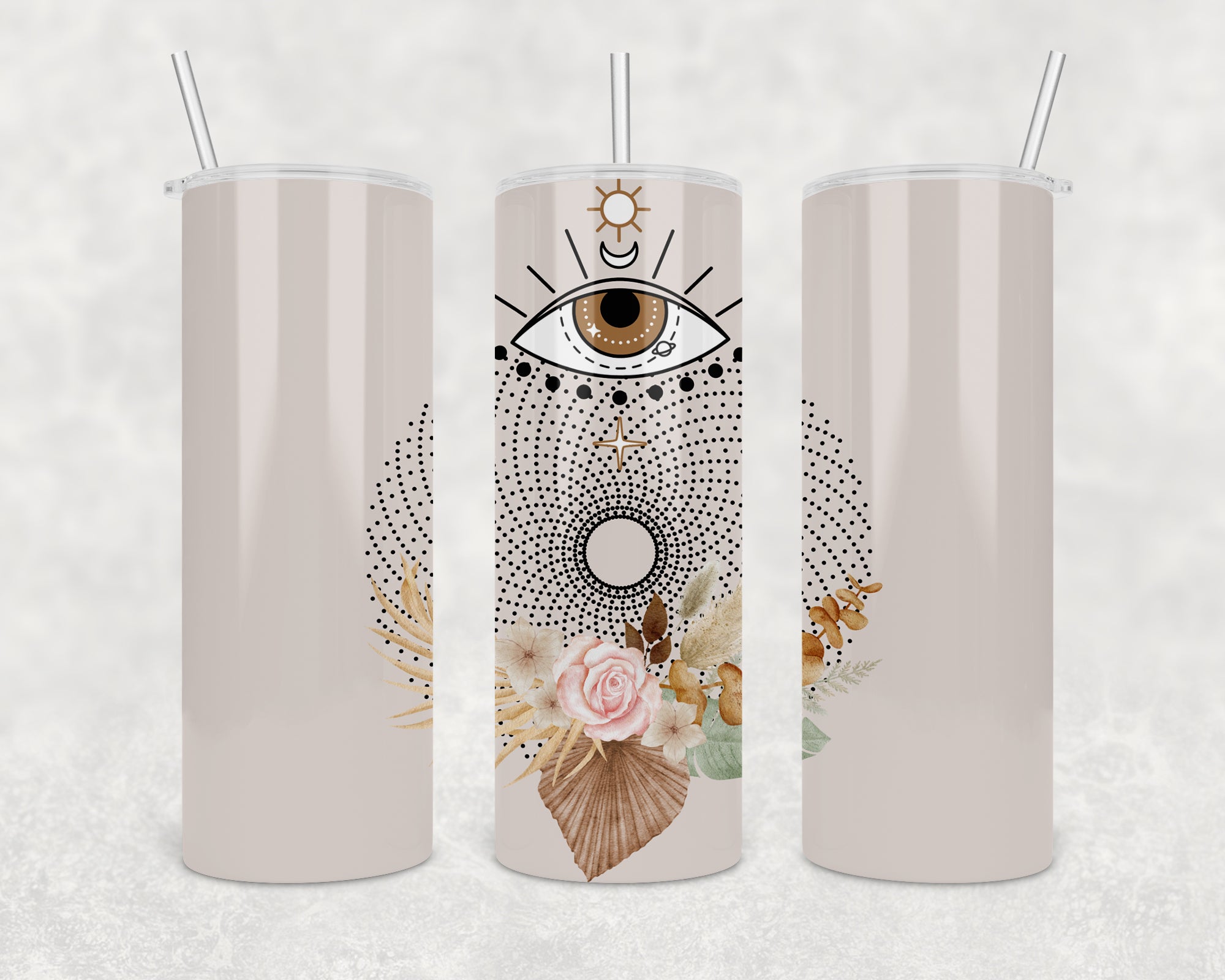 Boho Eye Skinny Tumbler in stainless steel with a stylish powder-coated finish, featuring a clear lid and stainless steel straw.