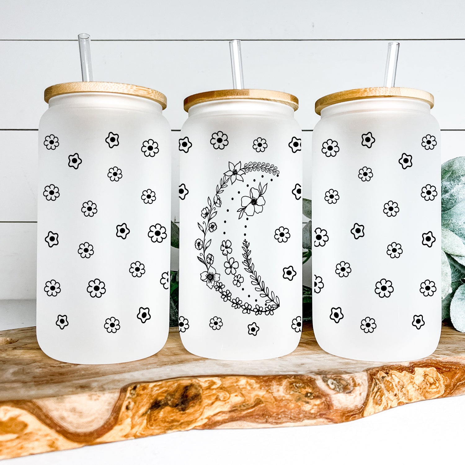 Boho Moon Glass Can Tumbler with bamboo lid and clear straw, featuring a frosted glass design.