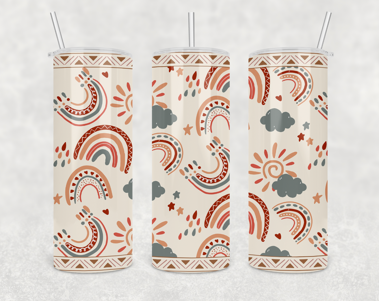 Boho Rainbow 20oz Skinny Tumbler with stainless steel straw and clear lid, showcasing vibrant colors and stylish design.