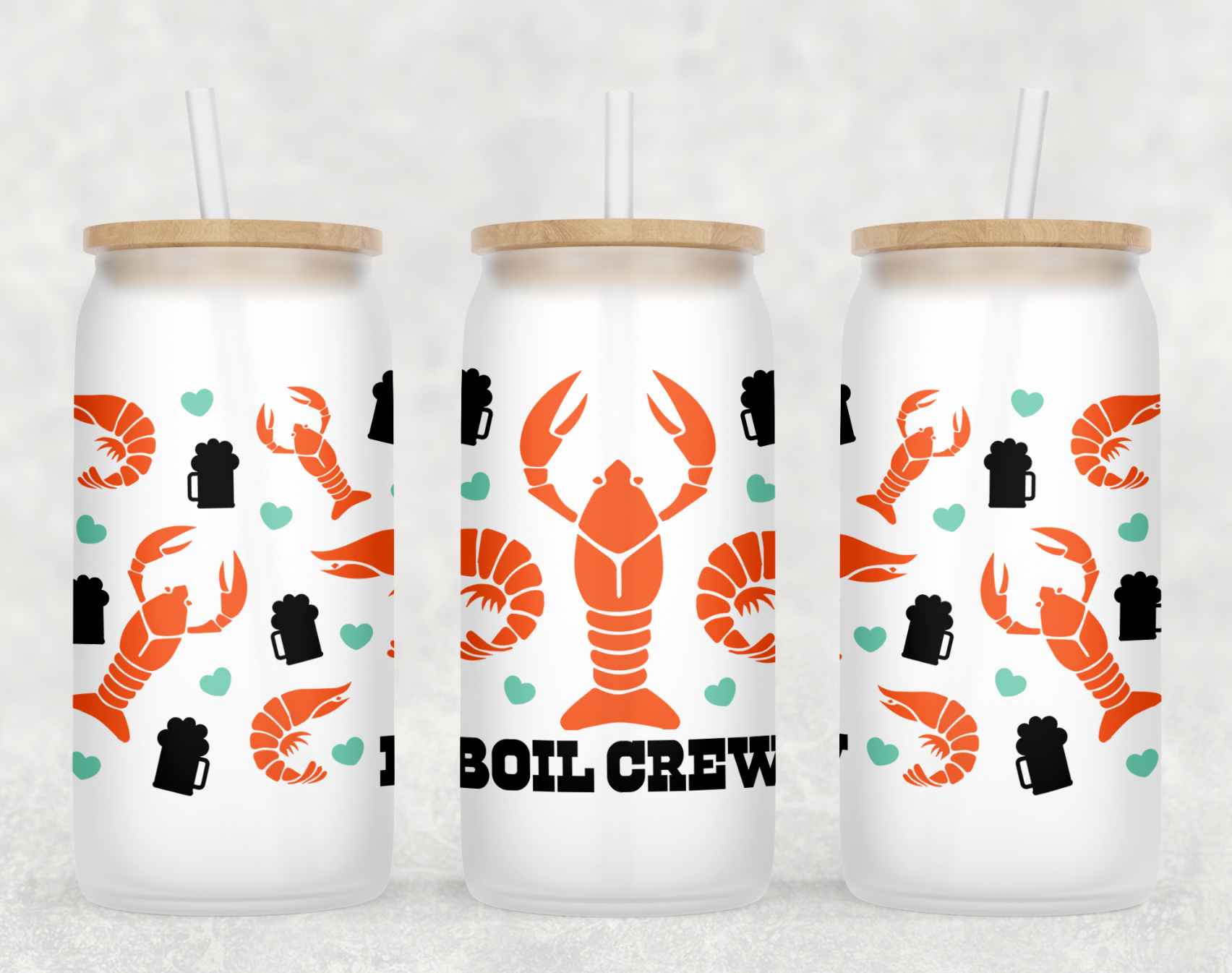 Boil Crew Glass Can Tumbler with bamboo lid and clear straw, showcasing its frosted glass design.