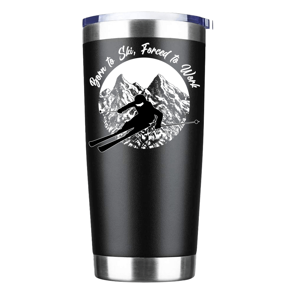 Born To Ski Forced To Work 20oz Insulated Tumbler with a stylish design and double-walled vacuum insulation, perfect for hot and cold beverages.