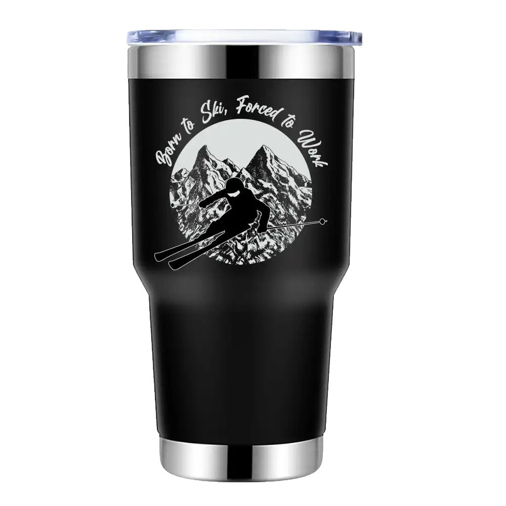 Born To Ski Forced To Work 20oz Insulated Tumbler with a stylish design and double-walled vacuum insulation, perfect for hot and cold beverages.