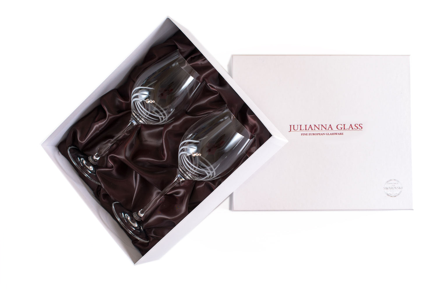 Set of two elegant Breeze Red Wine Glasses with Swarovski crystals in a gift box, showcasing handcrafted designs.