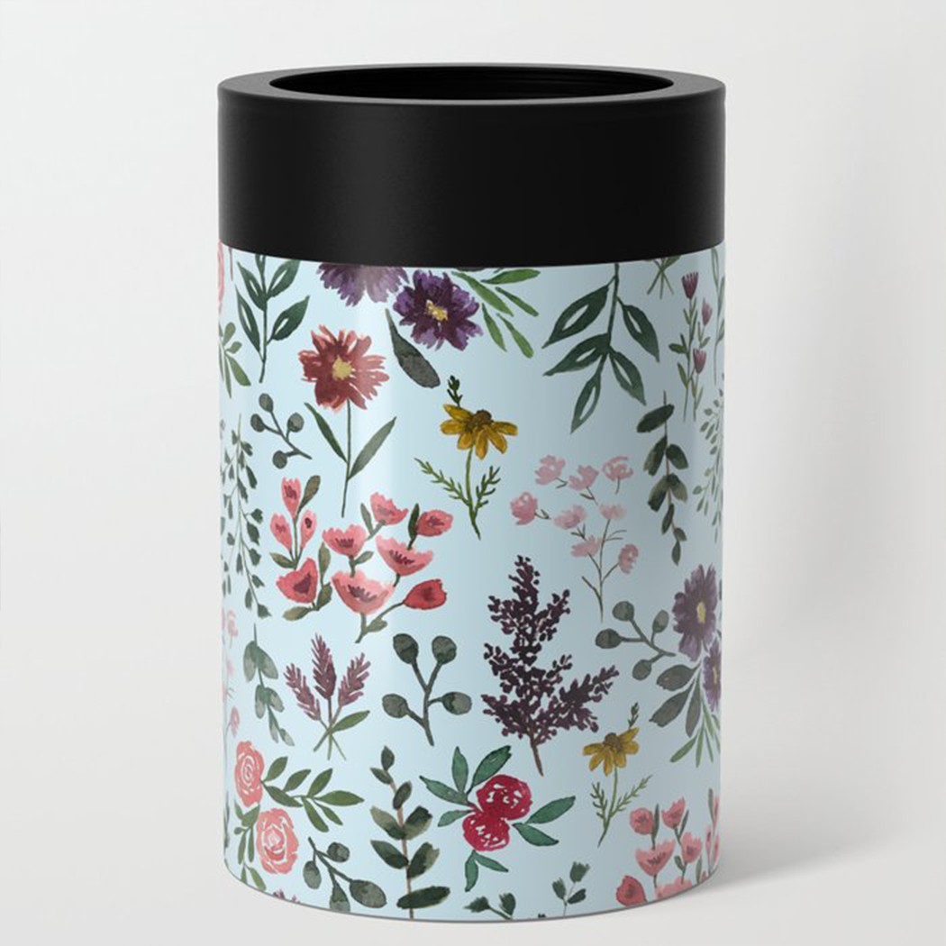 Bright Watercolor Flower Can Cooler featuring a vibrant floral design, made of stainless steel, perfect for keeping drinks cold.