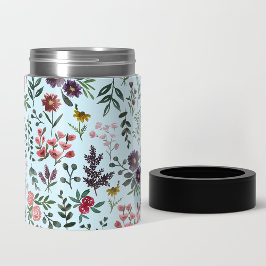 Bright Watercolor Flower Can Cooler featuring a vibrant floral design, made of stainless steel, perfect for keeping drinks cold.