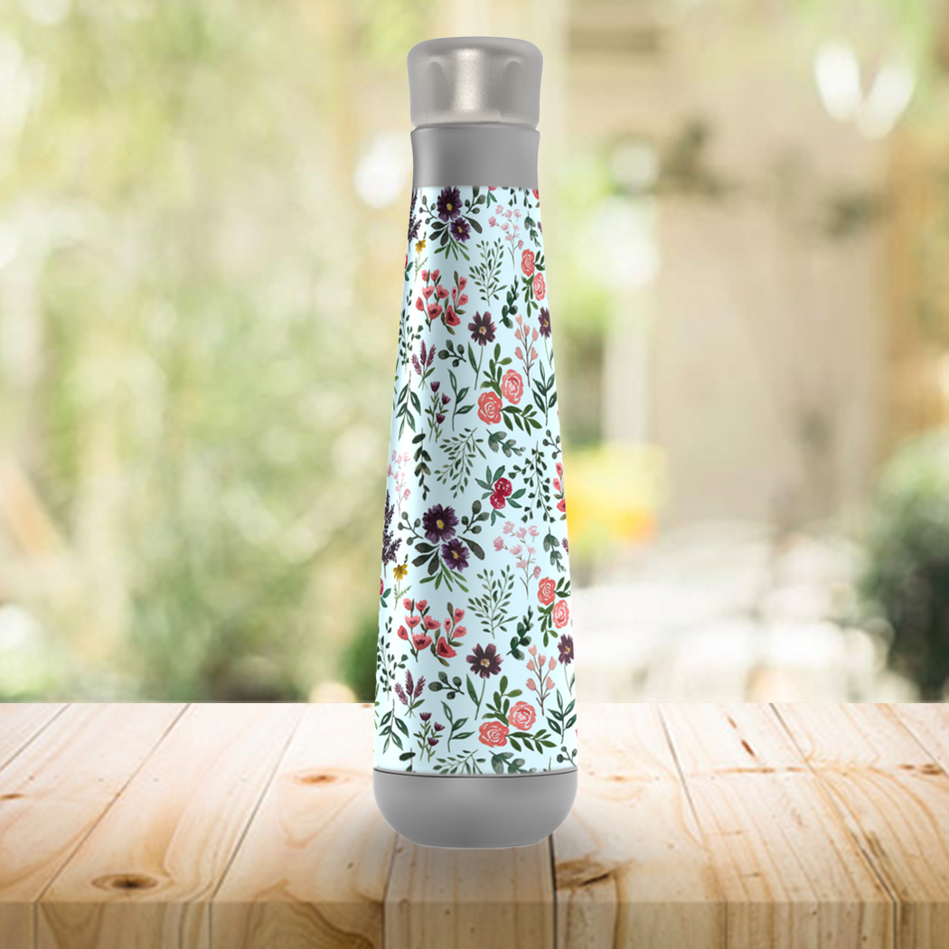 Bright Watercolor Flower - Blue Peristyle Water Bottle featuring a vibrant floral design on a stainless steel body.