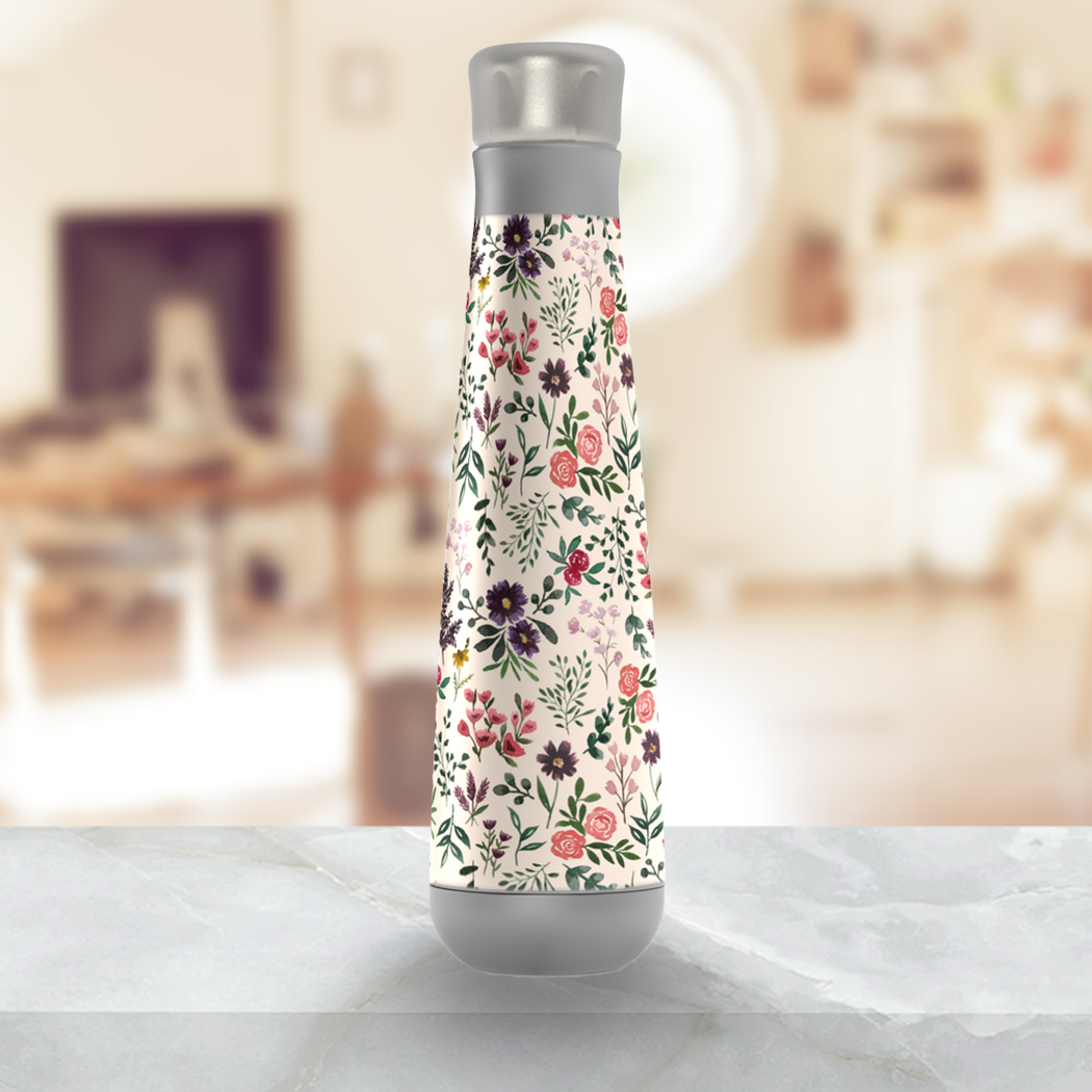 Bright Watercolor Flower Peristyle Water Bottle showcasing a vibrant floral design, made of stainless steel with a screw-on lid.