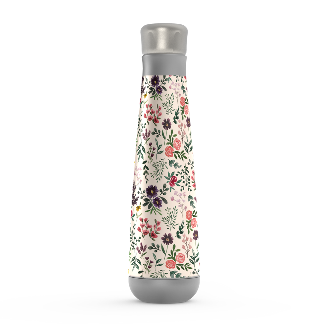 Bright Watercolor Flower Peristyle Water Bottle showcasing a vibrant floral design, made of stainless steel with a screw-on lid.