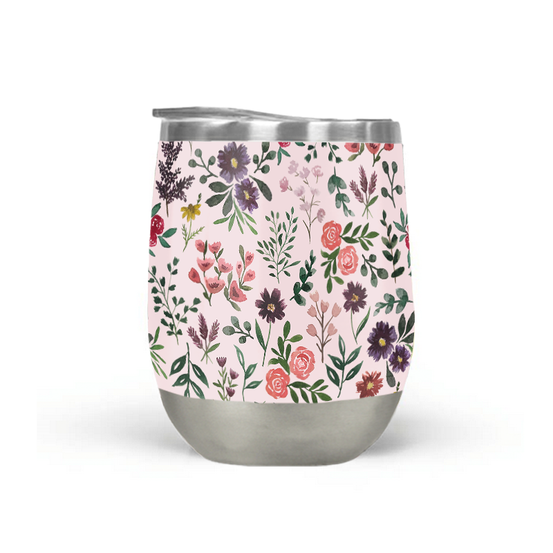 Bright Watercolor Flower Stemless Wine Tumbler in pink with floral design, perfect for outdoor parties and wine lovers.