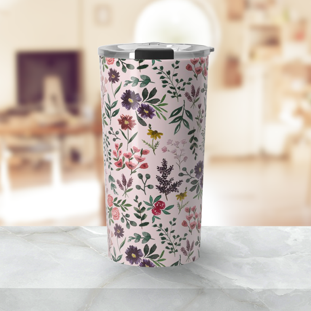 Bright Watercolor Flower Pink Travel Mug with floral design, stainless steel construction, and double-wall insulation.