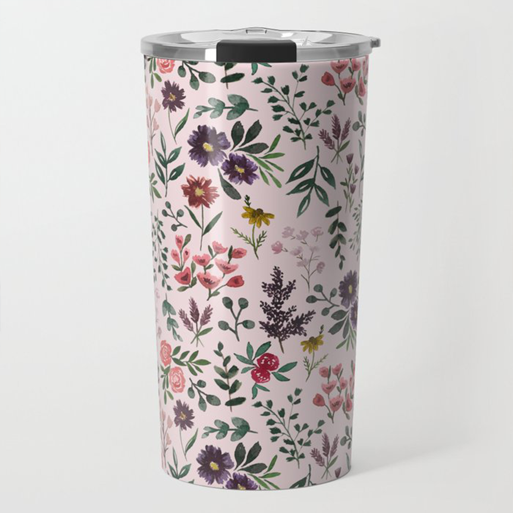 Bright Watercolor Flower Pink Travel Mug with floral design, stainless steel construction, and double-wall insulation.