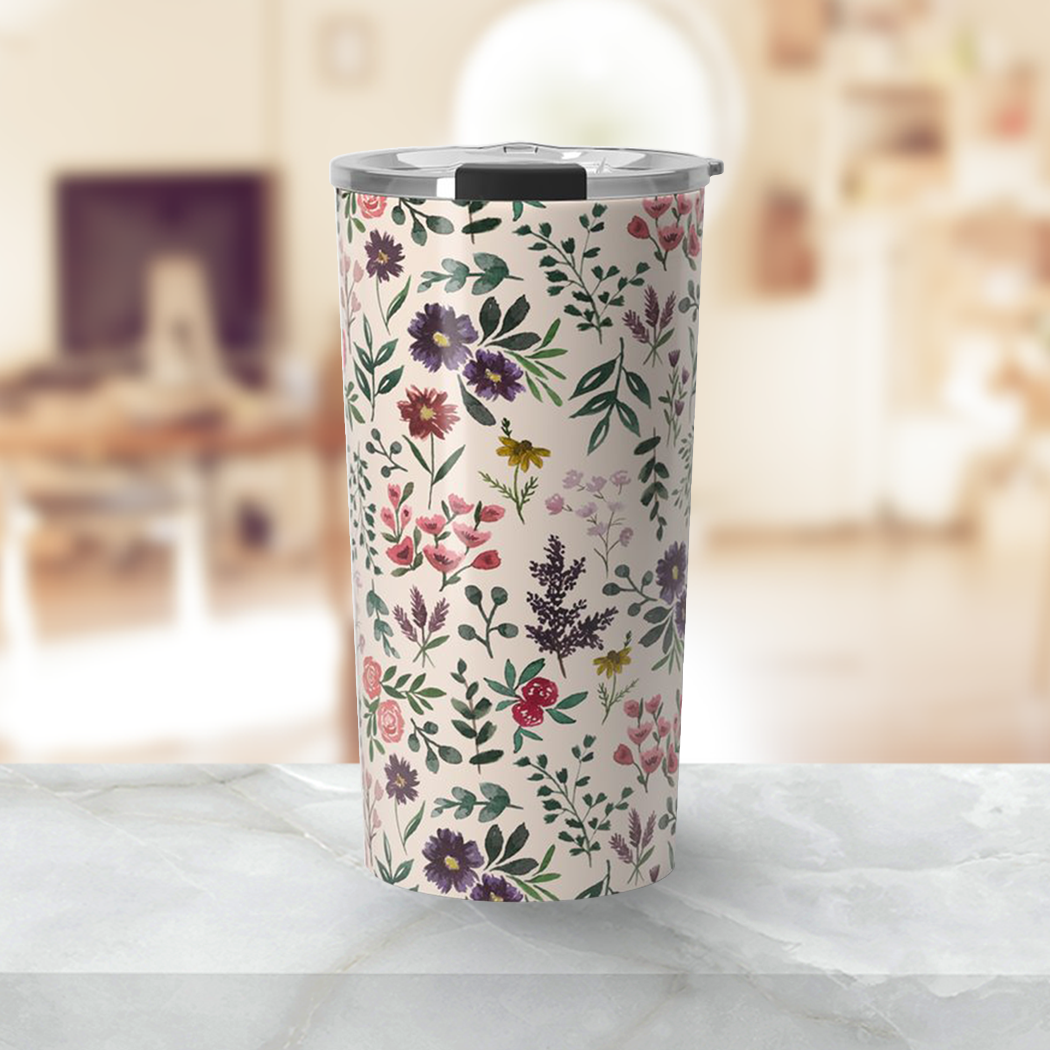 Bright Watercolor Flower Travel Mug featuring vibrant floral design and stainless steel construction.