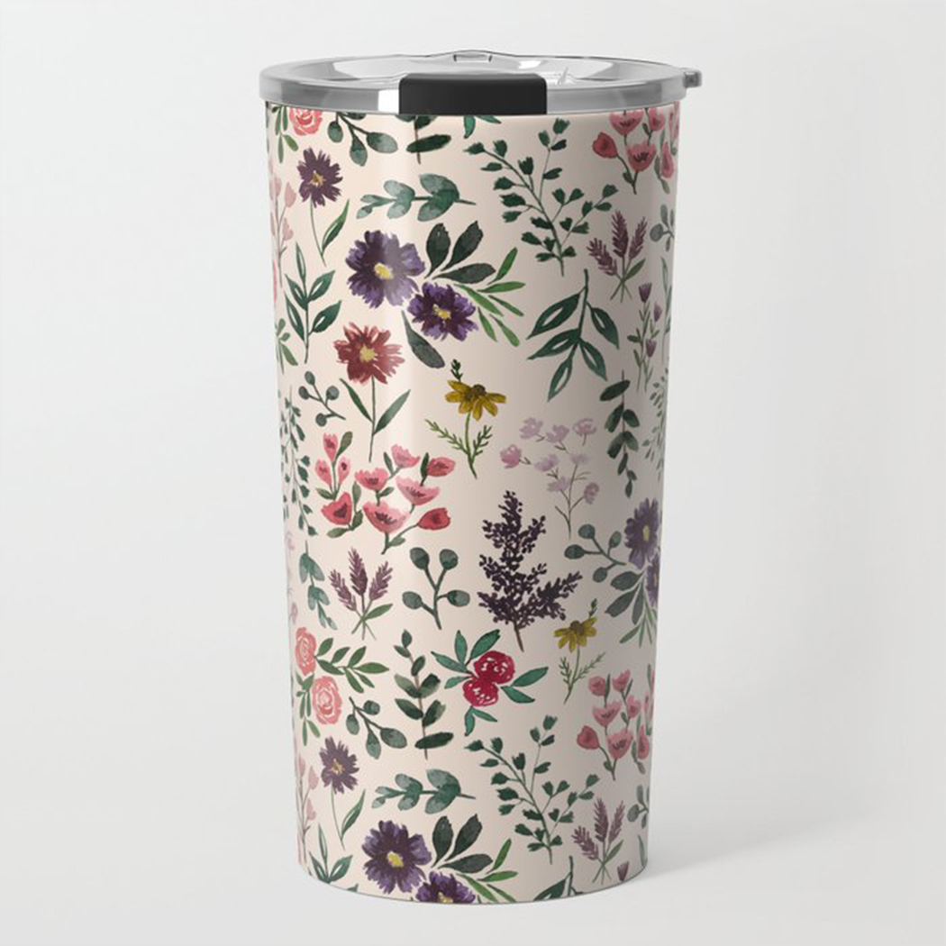 Bright Watercolor Flower Travel Mug featuring vibrant floral design and stainless steel construction.