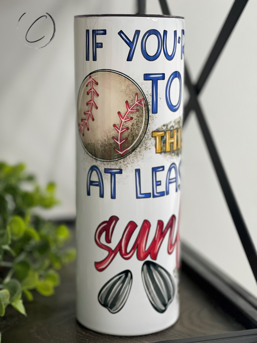 Bring The Sunflower Seeds 20oz Skinny Tumbler featuring a vibrant sunflower design, perfect for hot and cold beverages.