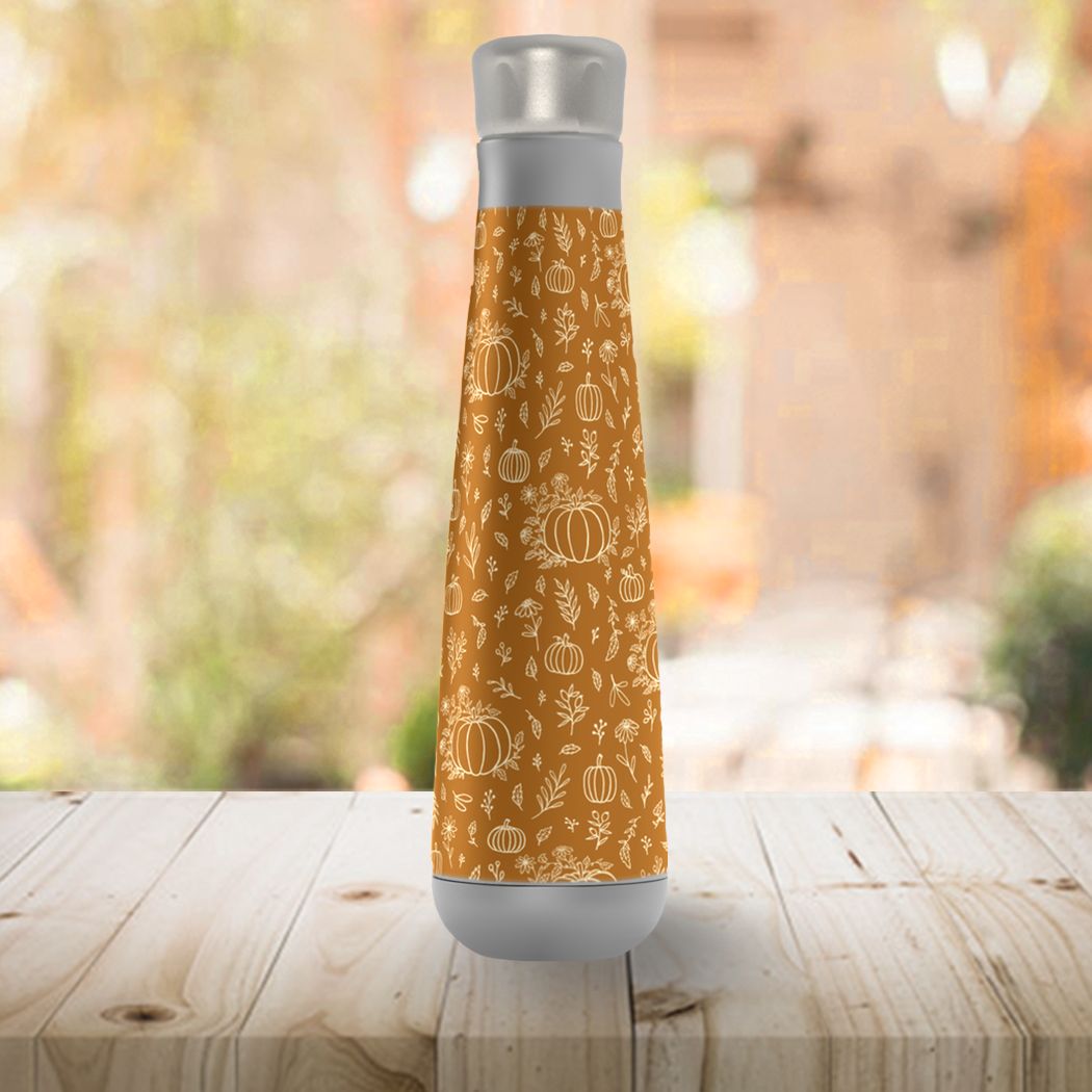 Stylish Bronze Floral Ink Pumpkin Peristyle Water Bottle made of stainless steel with a screw-on lid, showcasing a beautiful floral design.