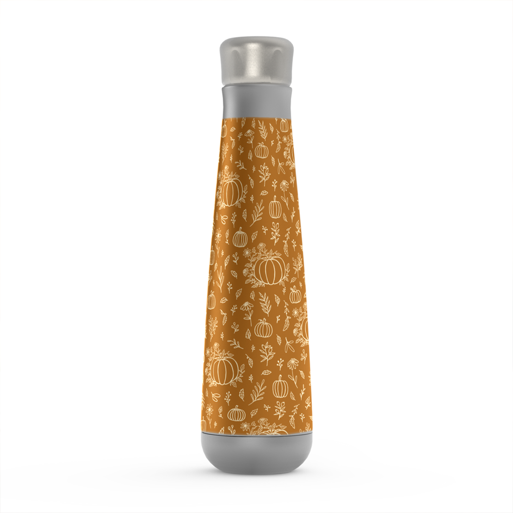 Stylish Bronze Floral Ink Pumpkin Peristyle Water Bottle made of stainless steel with a screw-on lid, showcasing a beautiful floral design.