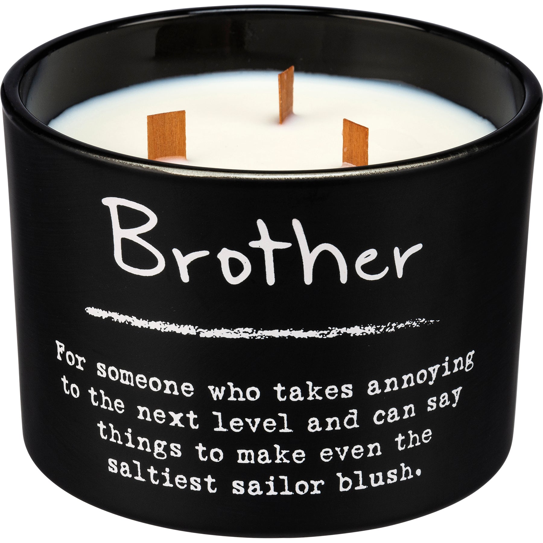 Brother Jar Candle in matte black glass with wooden wicks and sea salt & sage scent, perfect gift for brothers.