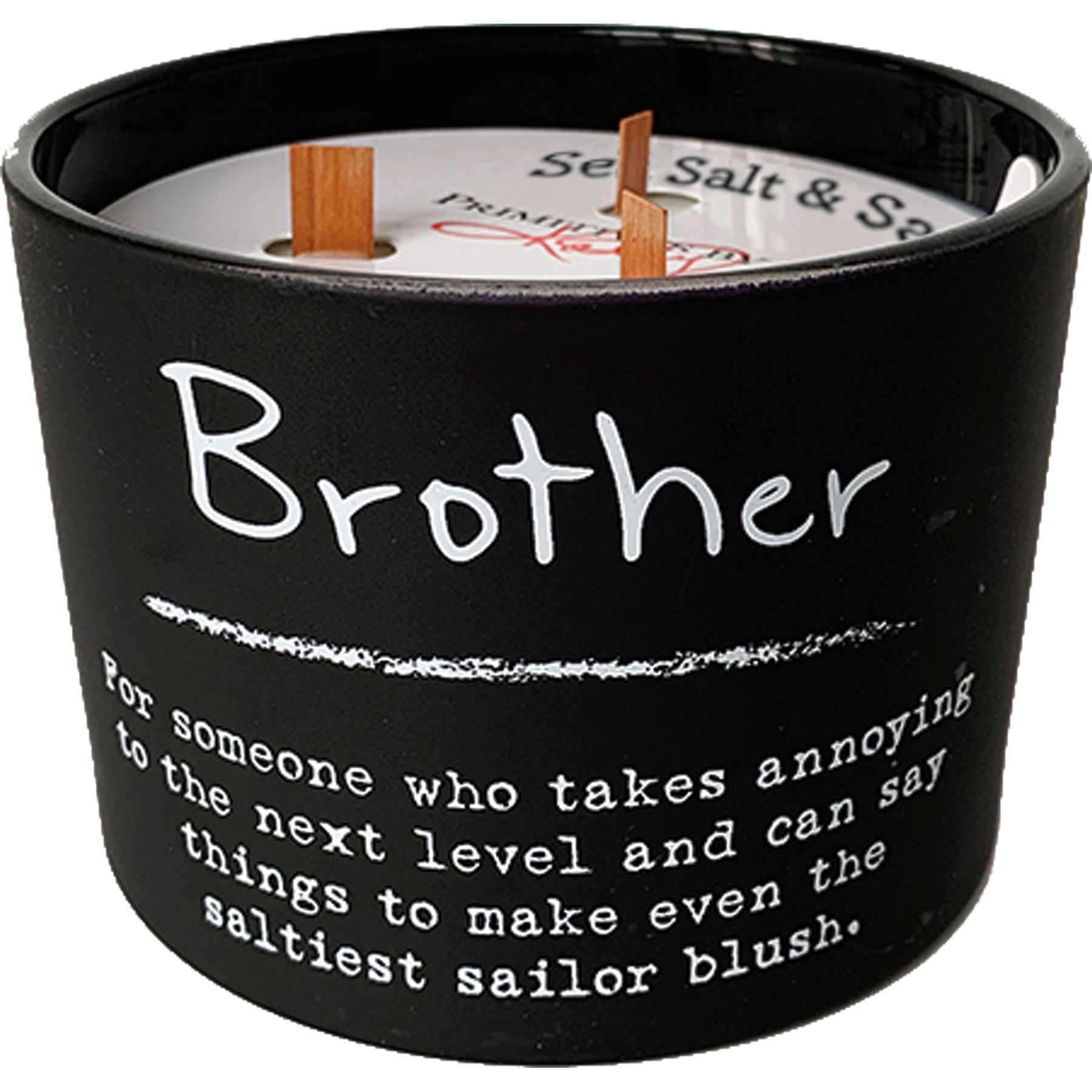 Brother Jar Candle in matte black glass with wooden wicks and sea salt & sage scent, perfect gift for brothers.