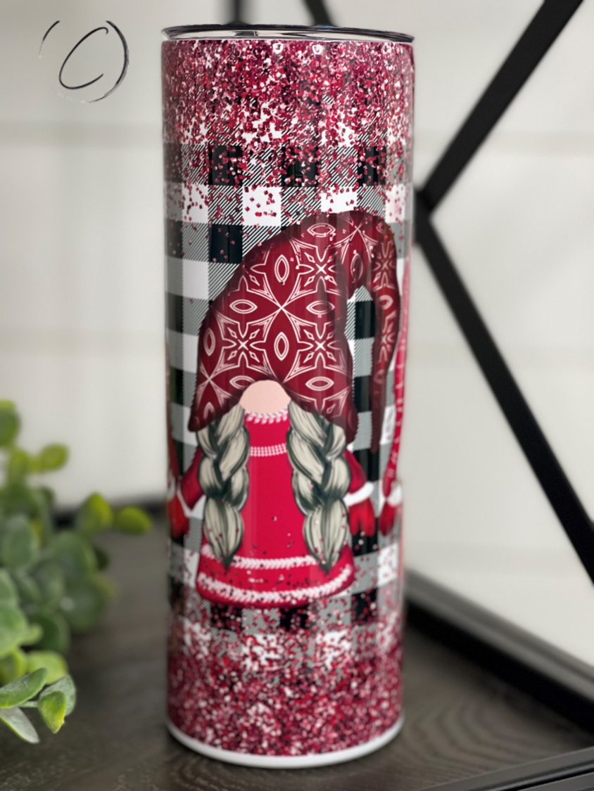 Buffalo Plaid Gnomes 20oz Skinny Tumbler featuring a full wrap gnome design, reusable straw, and durable construction.