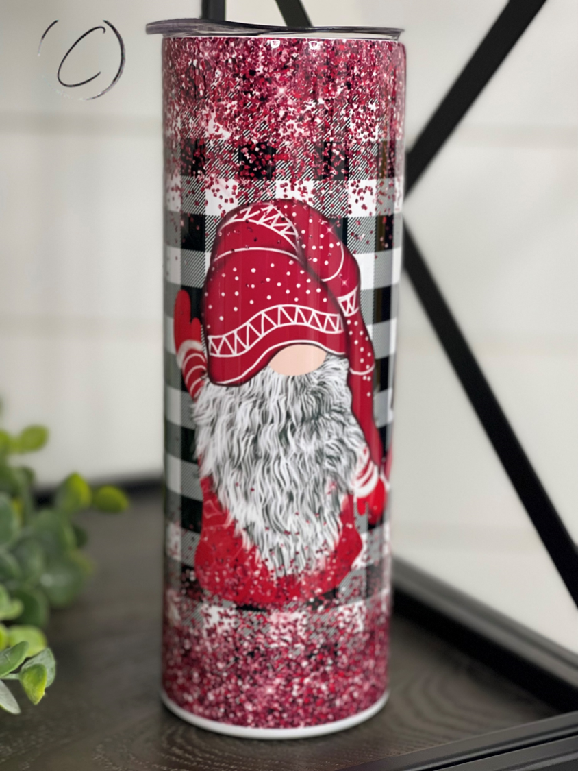 Buffalo Plaid Gnomes 20oz Skinny Tumbler featuring a full wrap gnome design, reusable straw, and durable construction.