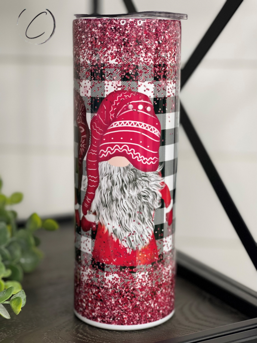 Buffalo Plaid Gnomes 20oz Skinny Tumbler featuring a full wrap gnome design, reusable straw, and durable construction.