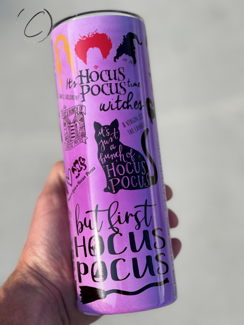 Bunch Of Hocus Pocus 20oz UV Purple Skinny Tumbler with a magical color-changing effect in sunlight, featuring a reusable straw.