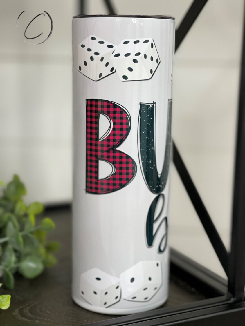 Bunco Babe 20oz Skinny Tumbler with a vibrant full wrap design, featuring a reusable straw.