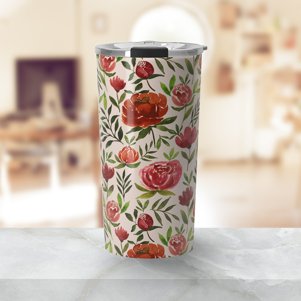 Burgundy Watercolor Floral Travel Mug featuring a stunning floral design, made of stainless steel with a double-walled structure.