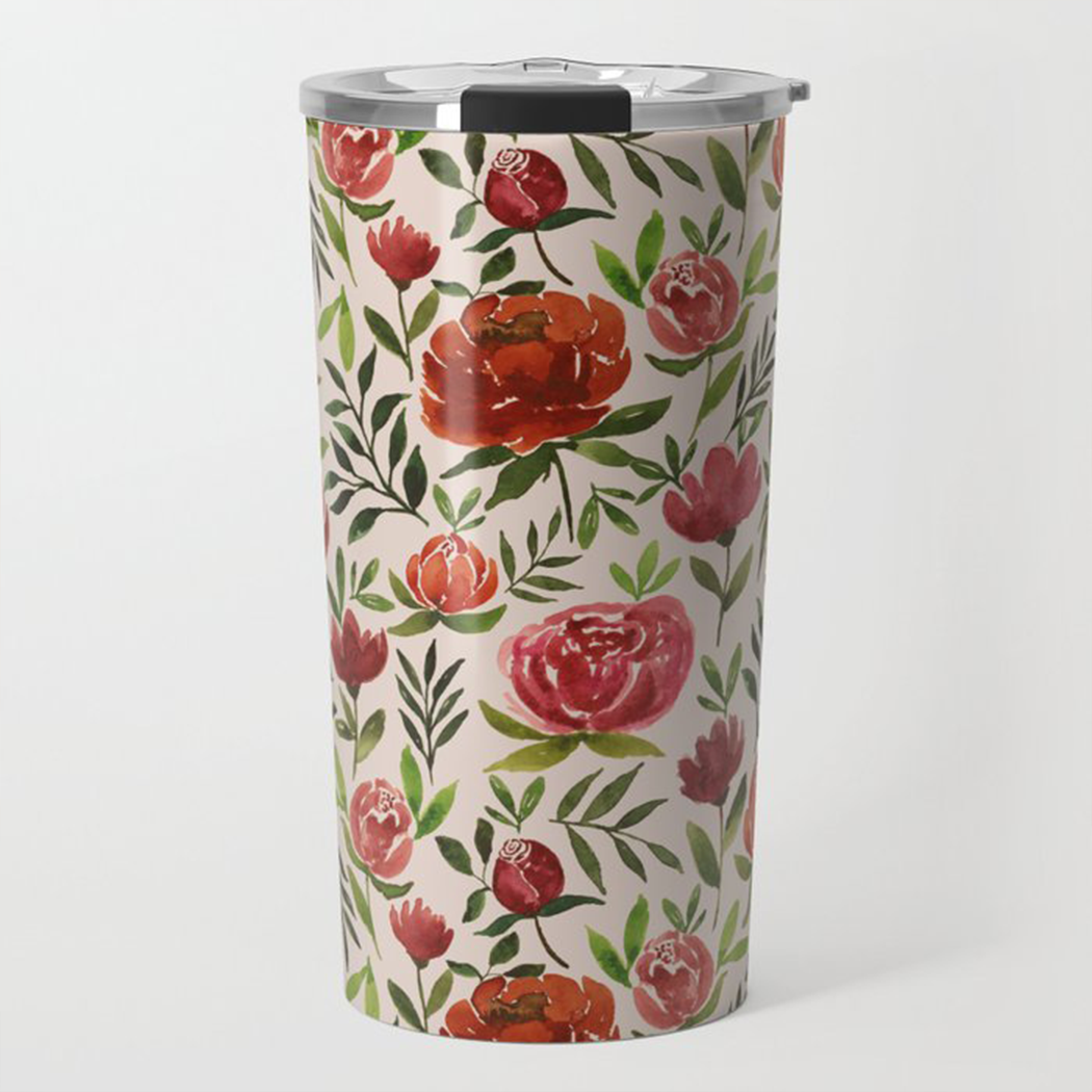 Burgundy Watercolor Floral Travel Mug featuring a stunning floral design, made of stainless steel with a double-walled structure.