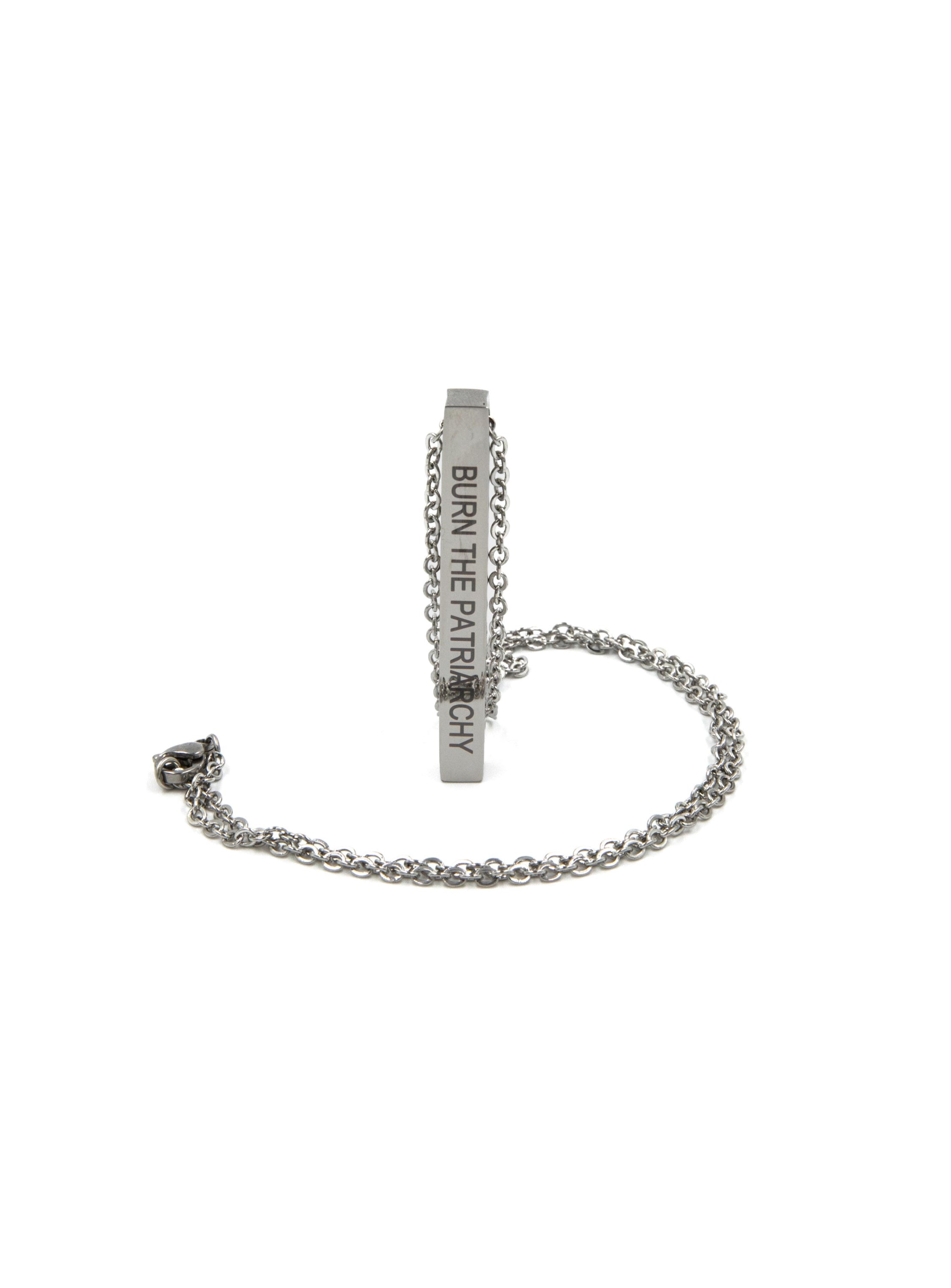 A stainless steel bar necklace engraved with 'Fuck Fascists' and 'Burn the Patriarchy', featuring a sleek design and an 18.5-inch chain.