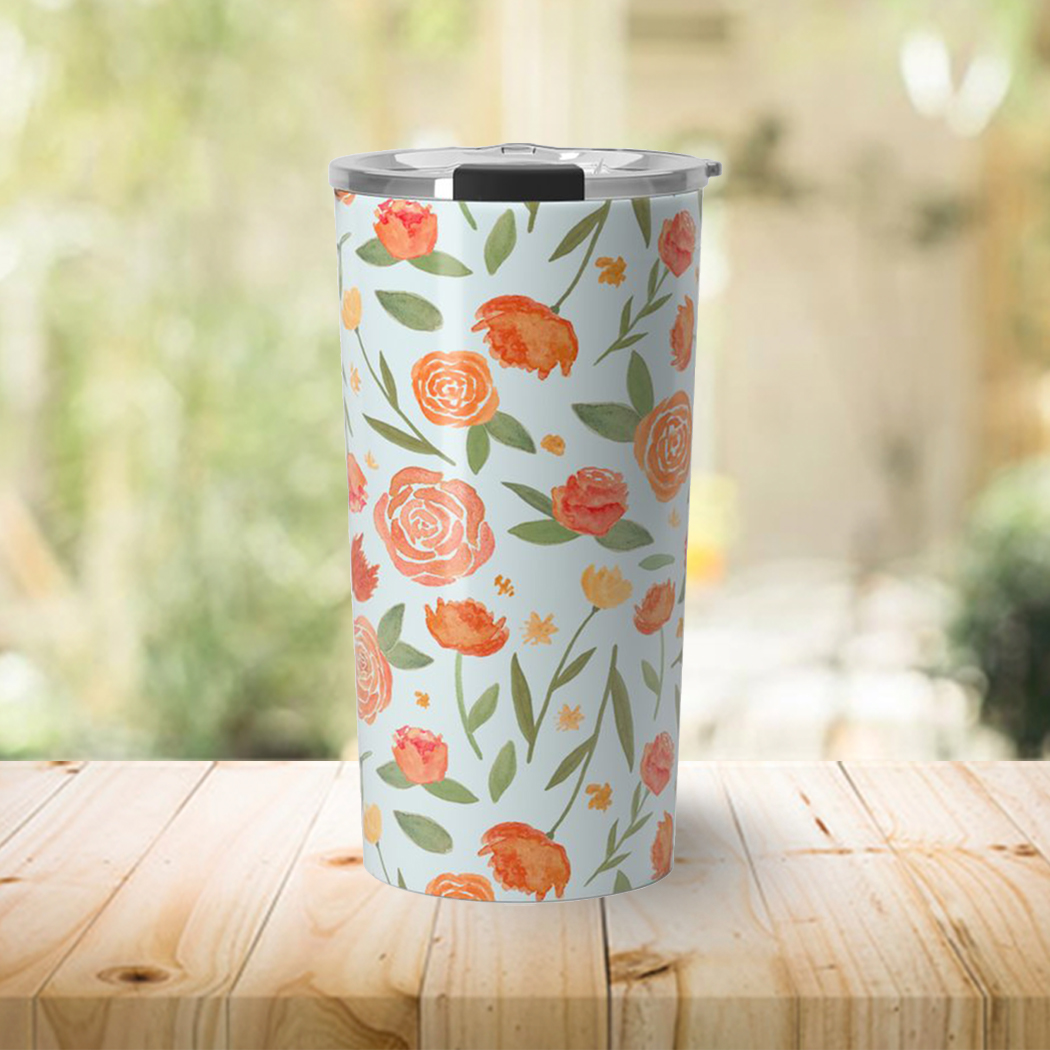 Burnt Orange Floral Travel Coffee Mug with stainless steel body and vibrant floral design, perfect for on-the-go beverages.