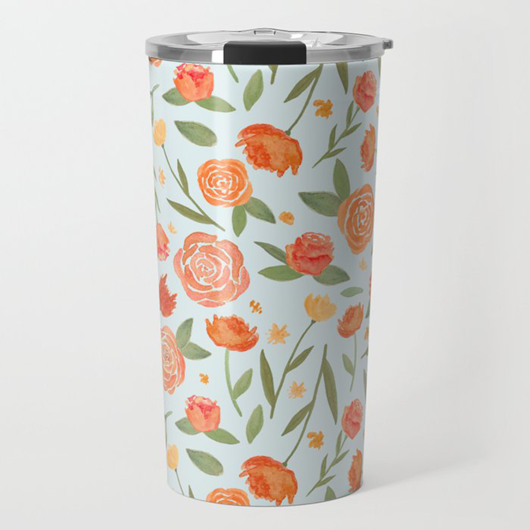 Burnt Orange Floral Travel Coffee Mug with stainless steel body and vibrant floral design, perfect for on-the-go beverages.