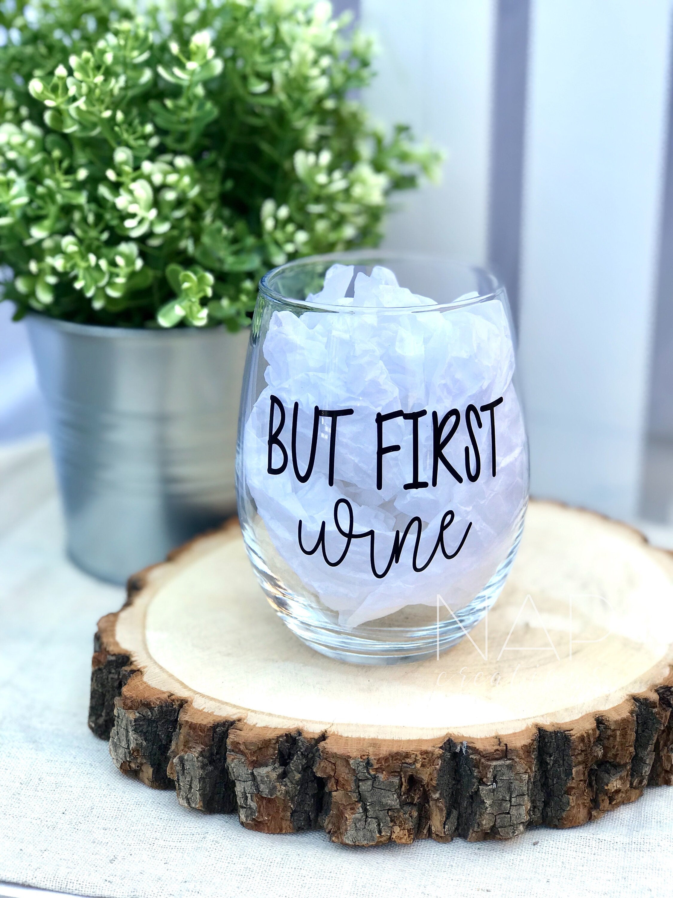 But First Wine Wine Glass, a stylish stemless glass with a fun design, perfect for enjoying your favorite wine.