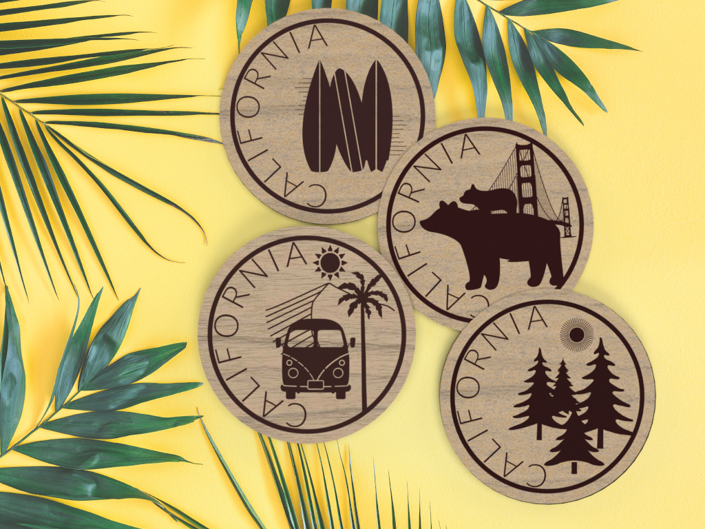 Set of 4 CALIFORNIA Dreamin' Coasters featuring unique designs celebrating California culture, displayed in a gift box.