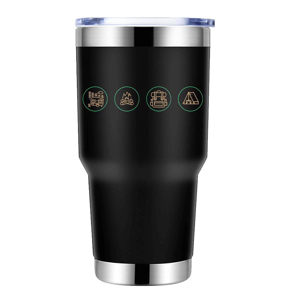 Camp Life 30oz Insulated Vacuum Sealed Tumbler in stainless steel with a splash-proof lid, showcasing its sleek design and UV-printed graphics.